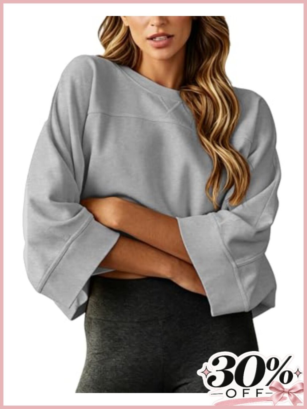 Cropped Oversized Sweatshirt 3/4 Raglan Sleeve Crew Neck Pullover